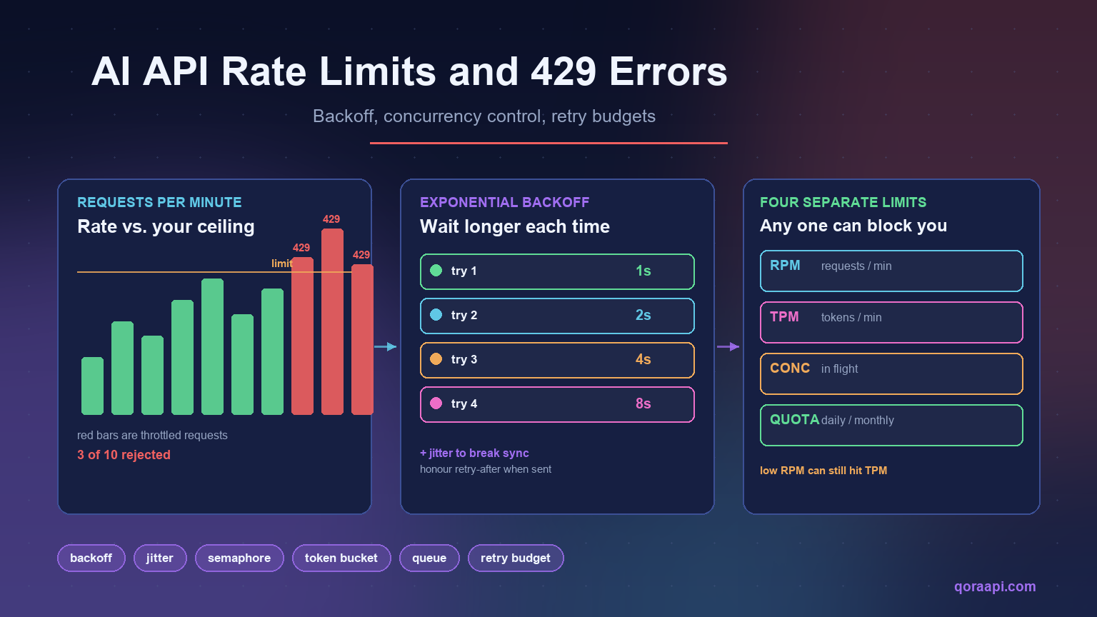 Cover image for the AI API rate limits guide: three dashboard panels showing requests per minute over a limit, an exponential backoff timeline, and the four separate limits a client must respect.