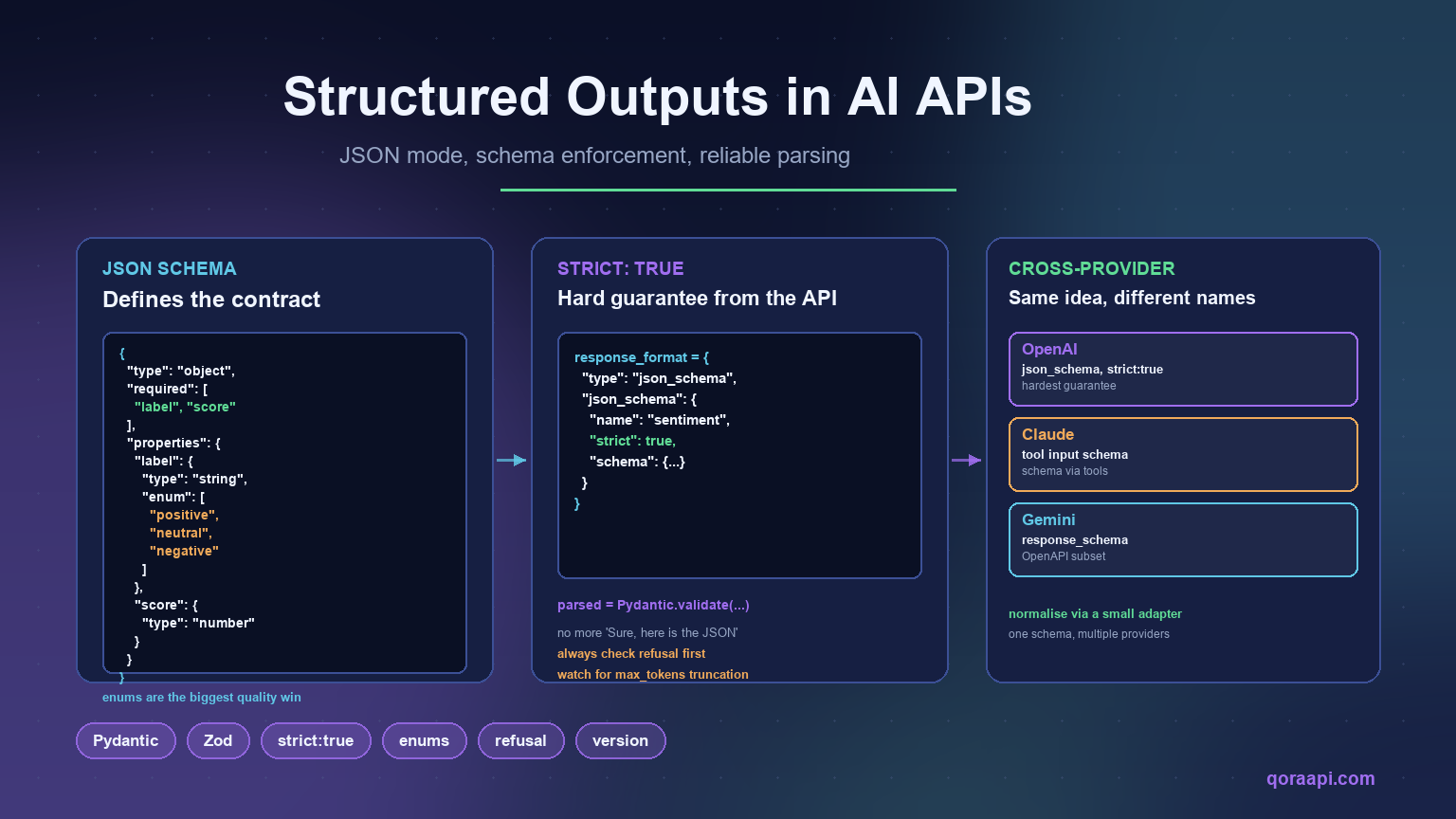 Cover image for the structured outputs guide: three panels showing a JSON Schema contract, strict:true in OpenAI response_format, and cross-provider differences.