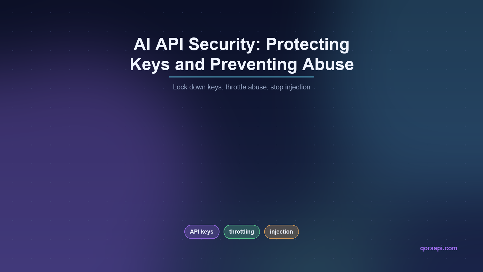 Cover image titled AI API Security: Protecting Keys and Preventing Abuse, with the subtitle Lock down keys, throttle abuse, stop injection and tags for API keys, throttling and injection.