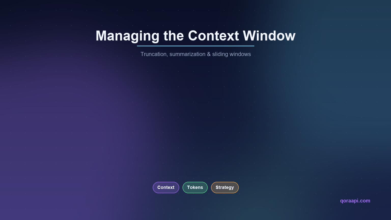 Cover graphic reading Managing the Context Window — truncation, summarization and sliding windows, with pills for Context, Tokens and Strategy