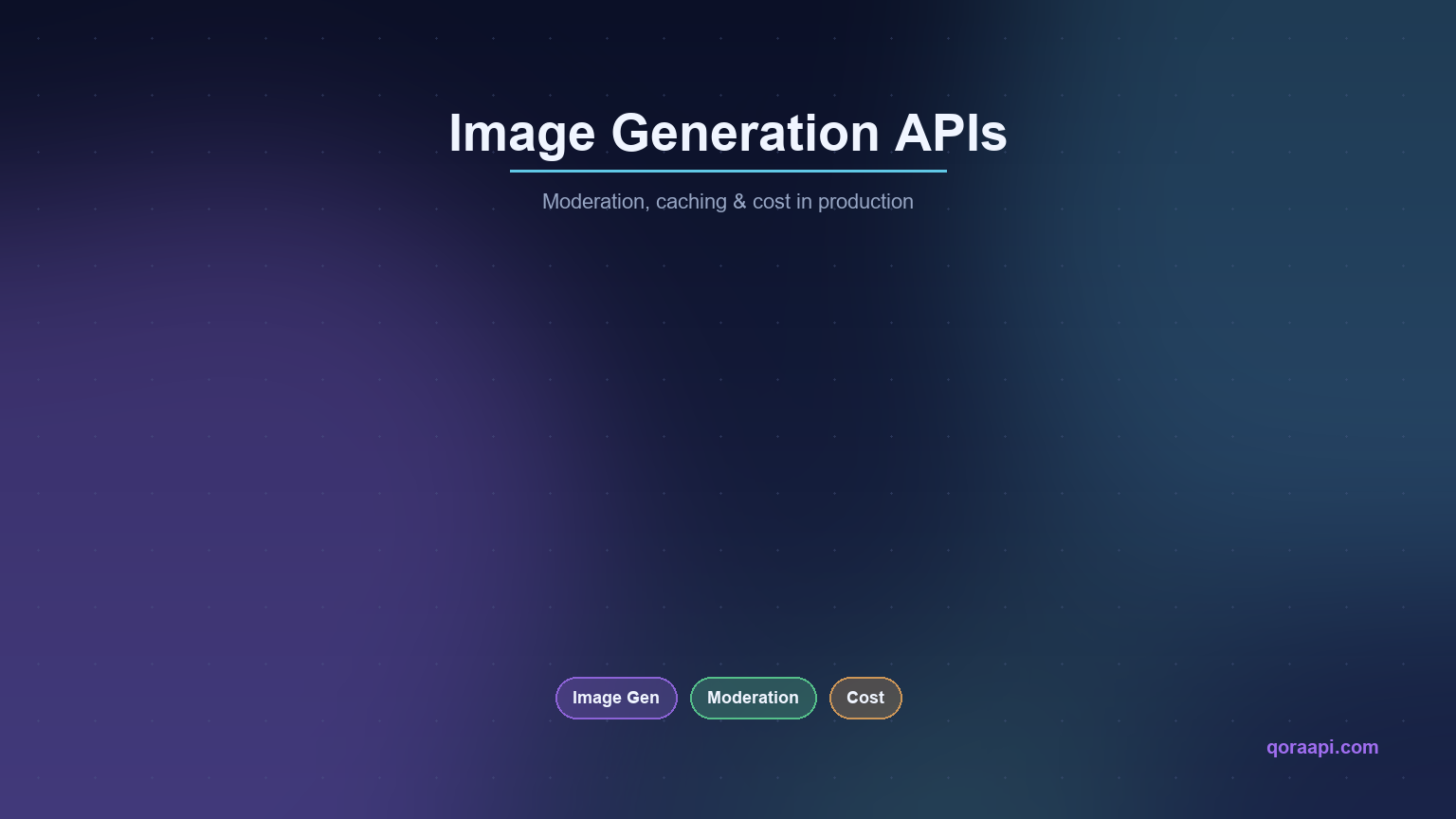 Cover graphic reading Image Generation APIs — Moderation, caching & cost in production, with pills for Image Gen, Moderation and Cost