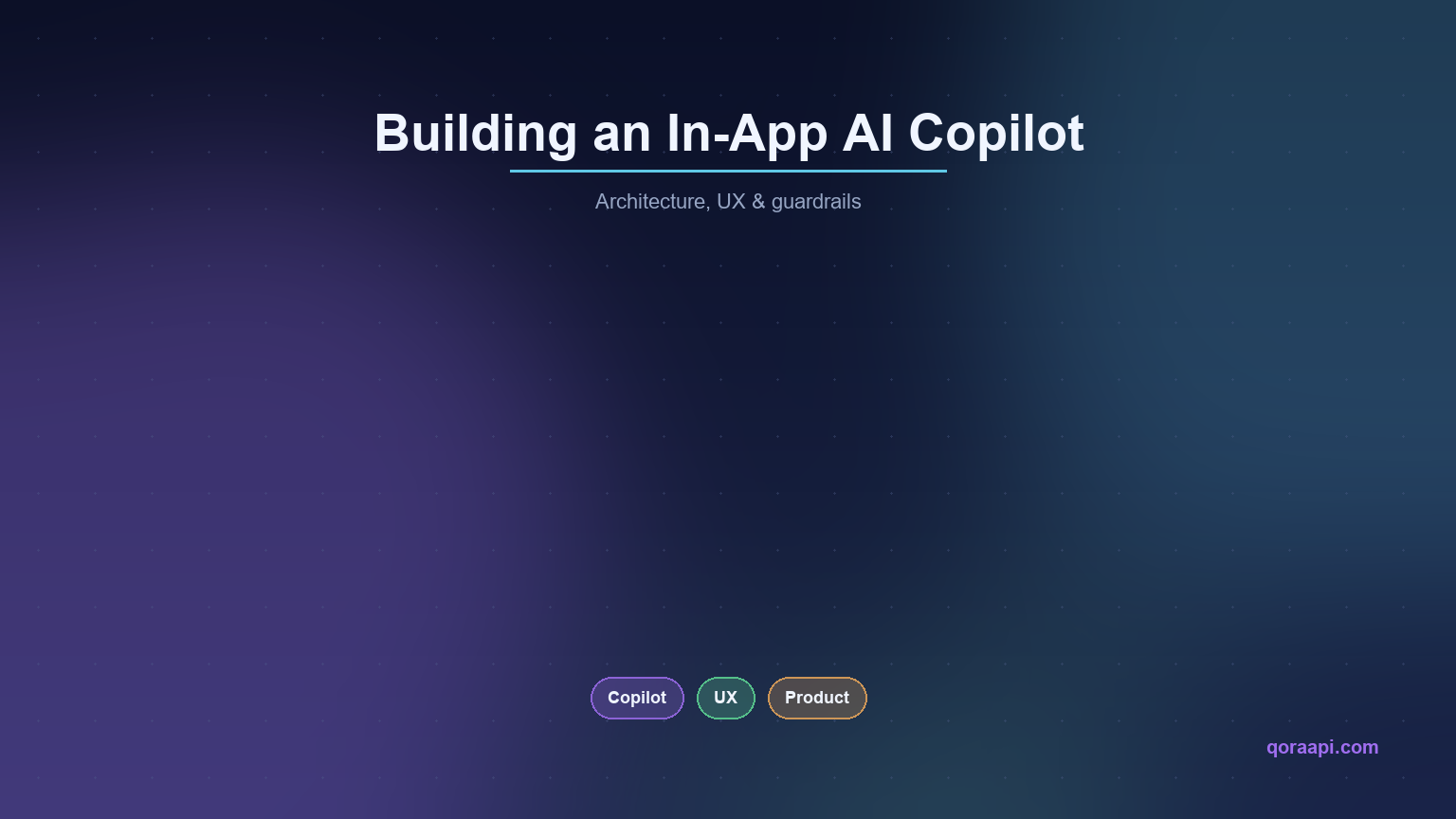 Cover graphic reading Building an In-App AI Copilot — Architecture, UX & guardrails, with pills for Copilot, UX and Product